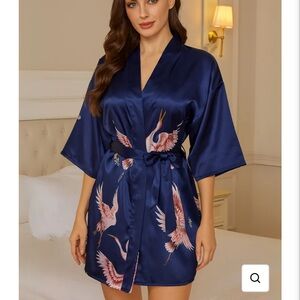 Luxurious Navy Kimono Robe with Crane Pattern